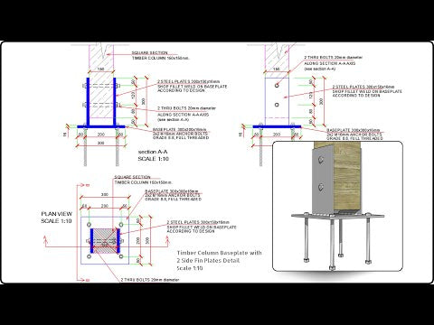 Annotation For Timber Column Timber Column Two Sides Baseplate Support CAD Detail - structuraldetails