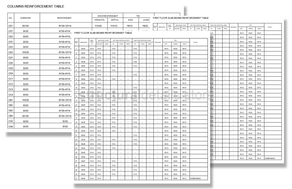 Complete structural design drawings for a reinforced concrete house